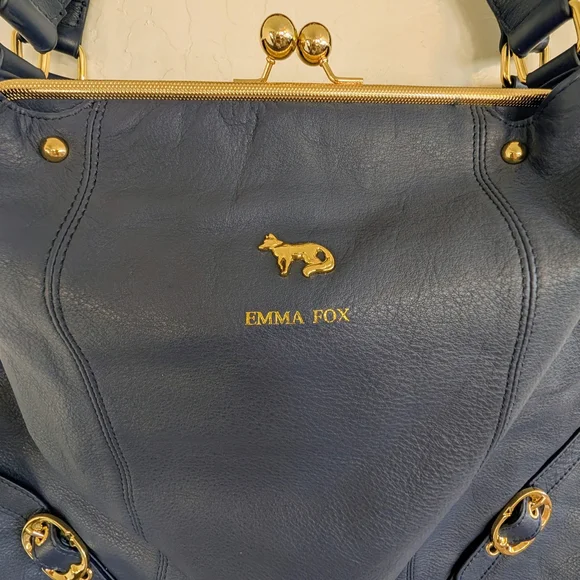 EMMA FOX Navy Genuine Leather Frame-Top Shoulder Bag Vintage-inspired Kiss-Lock - Picture 2 of 15